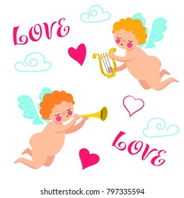 Happy Valentines Day typography poster with handwritten calligraphy text, isolated on white background. Vector Illustration. Angels with the harp and horn.