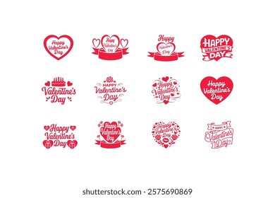  Happy Valentine's Day Typography set greeting, romantic  Template, vector Design. Valentine's Day sticker, Banner, wallpaper, heart, rose elements background—isolated illustration poster 14 February.