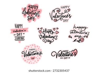 Happy valentines day typography set with cute hand drawn lettering and calligraphy text quote art decoration