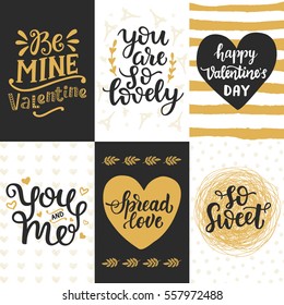 Happy Valentines Day typography set with hand drawn lettering. Vector calligraphy for greeting cards, posters and planner stickers. So Sweet, You and Me, Spread Love, You are So Lovely, Be Mine