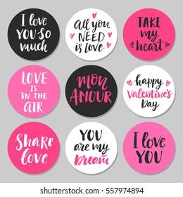 Happy Valentines Day typography set with hand drawn lettering. Vector calligraphy for greeting cards, posters and planner stickers. Love Is In The Air, Take My Heart, All You Need Is Love.