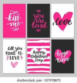 Happy Valentines Day typography set with hand drawn lettering. Vector calligraphy for greeting cards, posters and planner stickers. Kiss me, Hugs and kisses, You are loved, All you need is love.