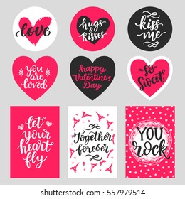 Happy Valentines Day Typography Set With Hand Drawn Lettering. Vector Calligraphy For Greeting Cards, Posters And Planner Stickers. Kiss Me, So Sweet, Hugs And Kisses, You Rock, Let Your Heart Fly.