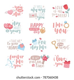 Happy Valentine's Day typography set. Hand drawn lettering with cute love icons.   Emblems and text element with hearts, flowers, gifts. Amazing text for greeting card, poster, post card.