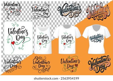 Happy Valentine's Day typography t-shirt set for couples and Trendy t-shirt calligraphy art, vector for web store social media and print media 