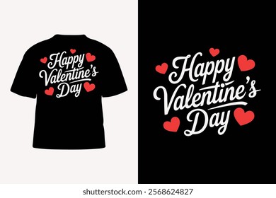 Happy Valentine's Day Typography T-Shirt Design with Red Hearts