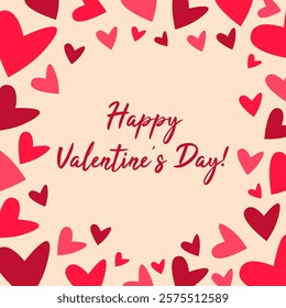 Happy Valentine's day typography T-shirt design with red and pink hearts isolated on beige background. Vector illustration of greeting card design.