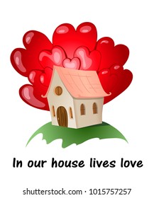 Happy valentines day typography vector design with red hearts and house. Vector illustration. 