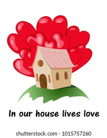 Happy valentines day typography vector design with red hearts and house. Vector illustration. 