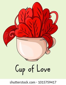 Happy valentines day typography vector design with red hearts and cup. Vector illustration. Card, gift