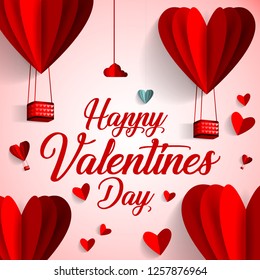 Happy valentines day typography vector design with paper cut red heart shape hot air balloons flying in white background. Vector illustration.