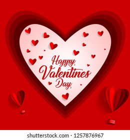 Happy valentines day typography vector design with paper cut red heart shape hot air balloons flying in white background. Vector illustration.