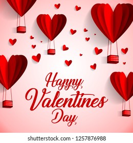 Happy valentines day typography vector design with paper cut red heart shape hot air balloons flying in white background. Vector illustration.