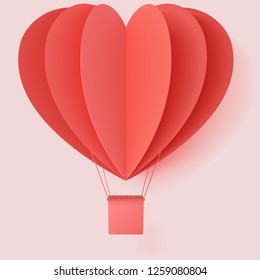 Happy valentines day typography vector illustration design with paper cut red heart shape origami made hot air balloons flying in sky background. Living coral colors. paper art and digital craft style