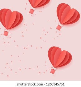 Happy valentines day typography vector illustration design with paper cut red heart shape origami made hot air balloons flying in sky background. Living coral colors. paper art and digital craft style