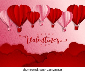 Happy valentines day typography vector design with paper cut red heart shape hot air balloons flying