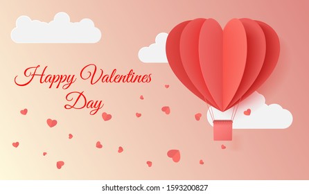Happy valentines day typography vector illustration design with paper cut red heart shape origami made hot air balloons flying in sky background. Paper art and digital craft style