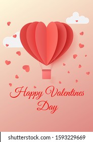 Happy valentines day typography vector illustration design with paper cut red heart shape origami made hot air balloons flying in sky background. Paper art and digital craft style