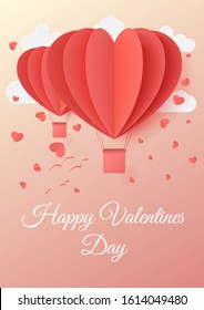 Happy valentines day typography vector illustration design with two paper cut red heart shape origami made hot air balloons flying in sky background. Paper art and digital craft style