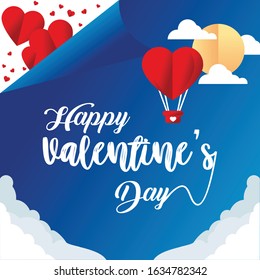 Happy valentines day typography vector design with paper cut red heart shape hot air balloons flying in white background. Vector illustration. 