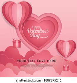 Happy valentines day typography vector design template with paper cut red heart shape hot air balloons flying in clouds background. Vector illustration.