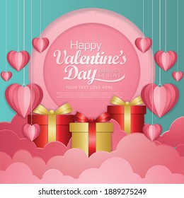 Happy valentines day typography vector design template with paper cut red heart shape hot air balloons flying in clouds background. Vector illustration.