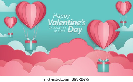 Happy valentines day typography vector design with paper cut red heart shape hot air balloons flying in white background. Vector illustration.