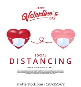 Happy Valentines Day Typography Vector Design With Red Heart Shape Wear Medical Mask In Covid-19 Situation. Vector Illustration.