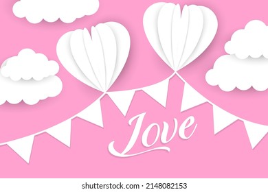 diseño vectorial de la tipografía del día de San Valentín feliz con papel de corazón rojo rosado cortado nubes blancas, ilustración vectorial del amor
