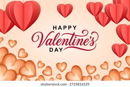 Feliz diseño de Vector de tipografía de San Valentín con forma de corazón rojo cortado en papel en fondo brillante. Ideal para carteles, Anuncios, tarjetas y publicaciones en redes sociales Ilustración vectorial. No se genera IA.