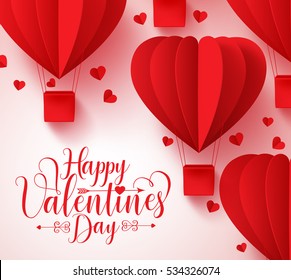 Happy valentines day typography vector design with paper cut red heart shape hot air balloons flying in white background. Vector illustration.
