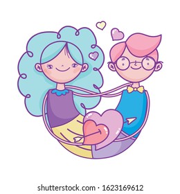 happy valentines day, united couple hearts with arrow cartoon vector illustration