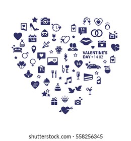 Happy Valentine's Day: Universal Modern Flat Icons include elements: heart, diamond, present, wine, rose, lips, love, letters, message. Pictogram for card, wedding invitation, web, mobile app.