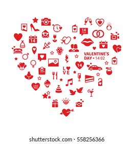 Happy Valentine's Day: Universal Modern Flat Icons include elements: heart, diamond, present, wine, rose, lips, love, letters, message. Pictogram for card, wedding invitation, web, mobile app.