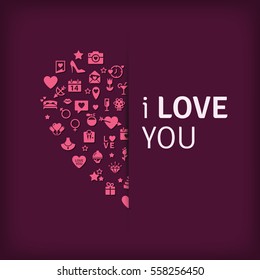 Happy Valentine's Day: Universal Modern Flat Icons include elements: heart, diamond, present, wine, rose, lips, love, letters, message. Pink icon heart on purple background.