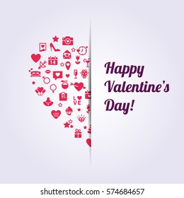 Happy Valentine's Day: Universal Modern Flat Icons include elements: heart, diamond, present, wine, rose, lips, love, letters, message. Pink icon heart on bright background.
