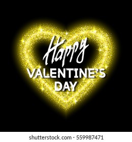 Happy Valentine's Day Unusual Golden Glittering Congratulation Card.  Best Modern Design Vector Illustration: Decoration Shiny Heart with Typographic Letters and Gold Texture for Invitation Templates.