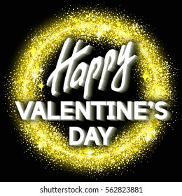 Happy Valentine's Day Unusual Golden Glittering Congratulation Card.  Best Swank Design Vector Illustration: Decoration Shiny Ornament with Typographic Letters and Gold Texture for Layouts, Templates.