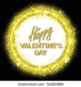 Happy Valentine's Day Unusual Golden Glittering Congratulation Card.  Best Swank Design Vector Illustration: Decoration Shiny Ornament with Typographic Letters and Gold Texture for Layouts, Templates.