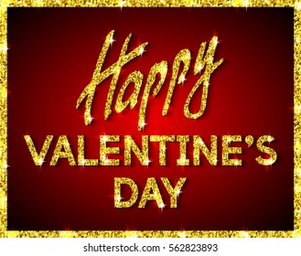 Happy Valentine's Day Unusual Golden Glittering Congratulation Card.  Best Swank Design Vector Illustration: Decoration Jewelry Shiny Typographic Letters of Gold Texture for Layouts, Templates.