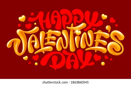 Happy Valentines Day unusual inscription with golden paint. Hand drawn lettering, calligraphy text with hearts. Beautiful element for any designs for 14 February. Isolated on red background. Vector.