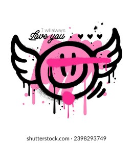 Happy Valentines Day Urban Graffiti With cupid emoji with wings. Trendy 90s vintage Vector Illustration