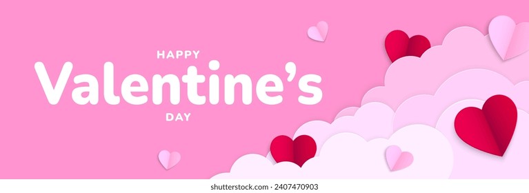 Happy Valentines Day. Valentine background design with paper clouds, flying red and pink heart shapes. Vector illustration