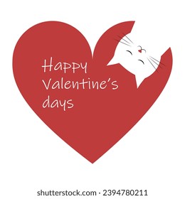 Happy Valentine's day.  Valentine card with cute cat and heart.  Postcard for February 14th.  Flat cartoon style vector illustration