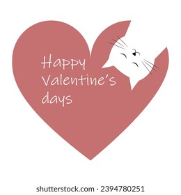 Happy Valentine's day.  Valentine card with cute cat and heart.  Postcard for February 14th.  Flat cartoon style vector illustration