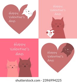 Happy Valentine's day.  Valentine card with cute cats and hearts.  Postcard for February 14th.  Flat cartoon style vector illustration