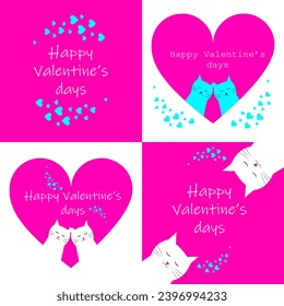 Happy Valentine's day.  Valentine card with cute cats and hearts.  Postcard for February 14th.  Flat cartoon style vector illustration