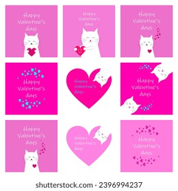 Happy Valentine's day.  Valentine card with cute cats and hearts.  Postcard for February 14th.  Flat cartoon style vector illustration