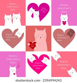 Happy Valentine's day.  Valentine card with cute cats and hearts.  Postcard for February 14th.  Flat cartoon style vector illustration