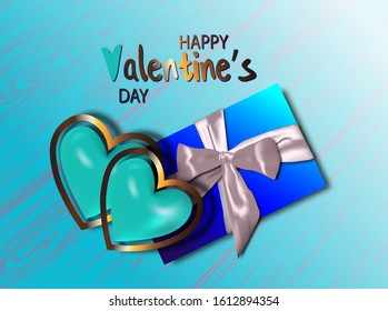 Happy valentines day. Valentine couple. Realistic blue heart in a metal frame. Realistic satin bow gift box. Greeting card, gift poster, holiday banner. website for header.